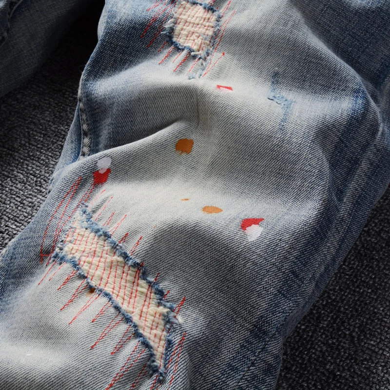 Newly Designer Fashion Men Jeans Retro Washed Blue Elastic Stretch Slim Fit Painted Ripped Jeans Men Patched Vintage Denim Pants