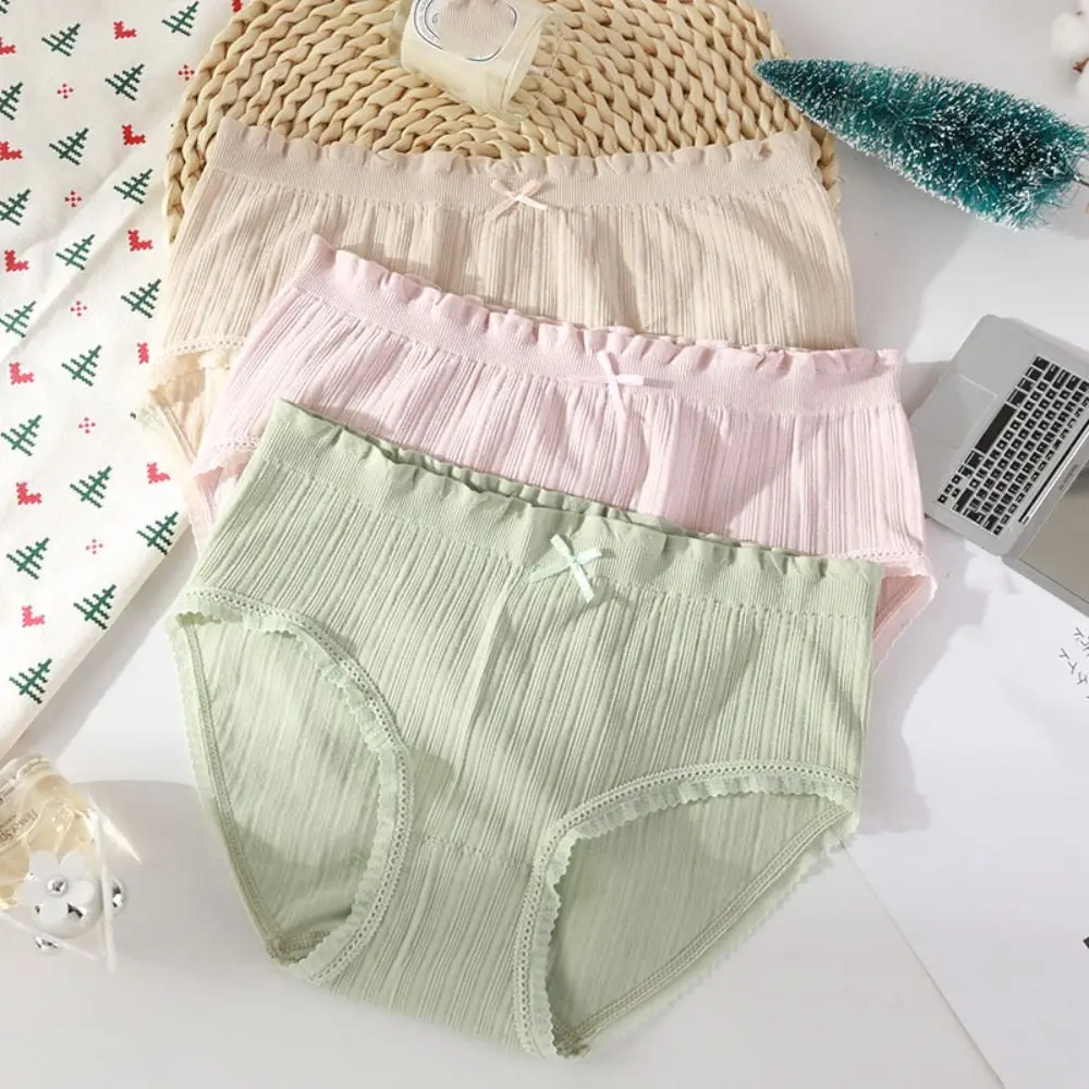 

4Pcs Breathable Mid Waist Lace Bowknot Panties Thin Cotton Crotch Seamless Briefs Underpants Lingerie Underwear for Women Gifts