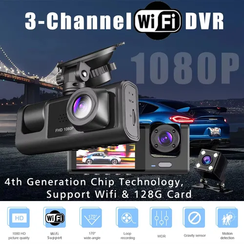 Imagen 2 del producto WiFi 3 canales coche DVR cámara de salpicadero de tres vías dentro de la cámara del vehículo DVR grabadora FHD 1080P Video Mini registrador Dashcam Camcord