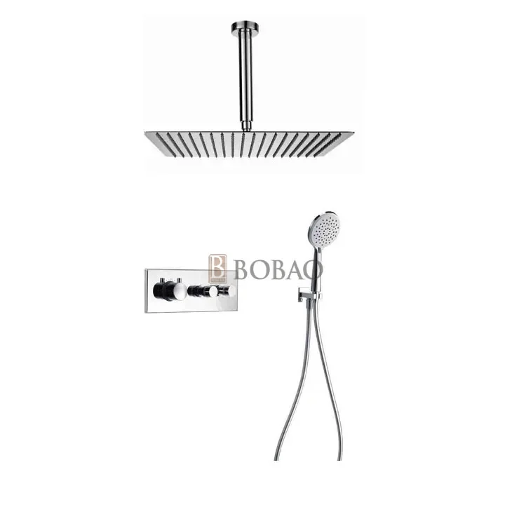 Led Waterfall Showerhead Luxury LED Matt Black Thermostatic High Flow Shower Set Concealed Ceiling Big Rain Waterfall Showerhead