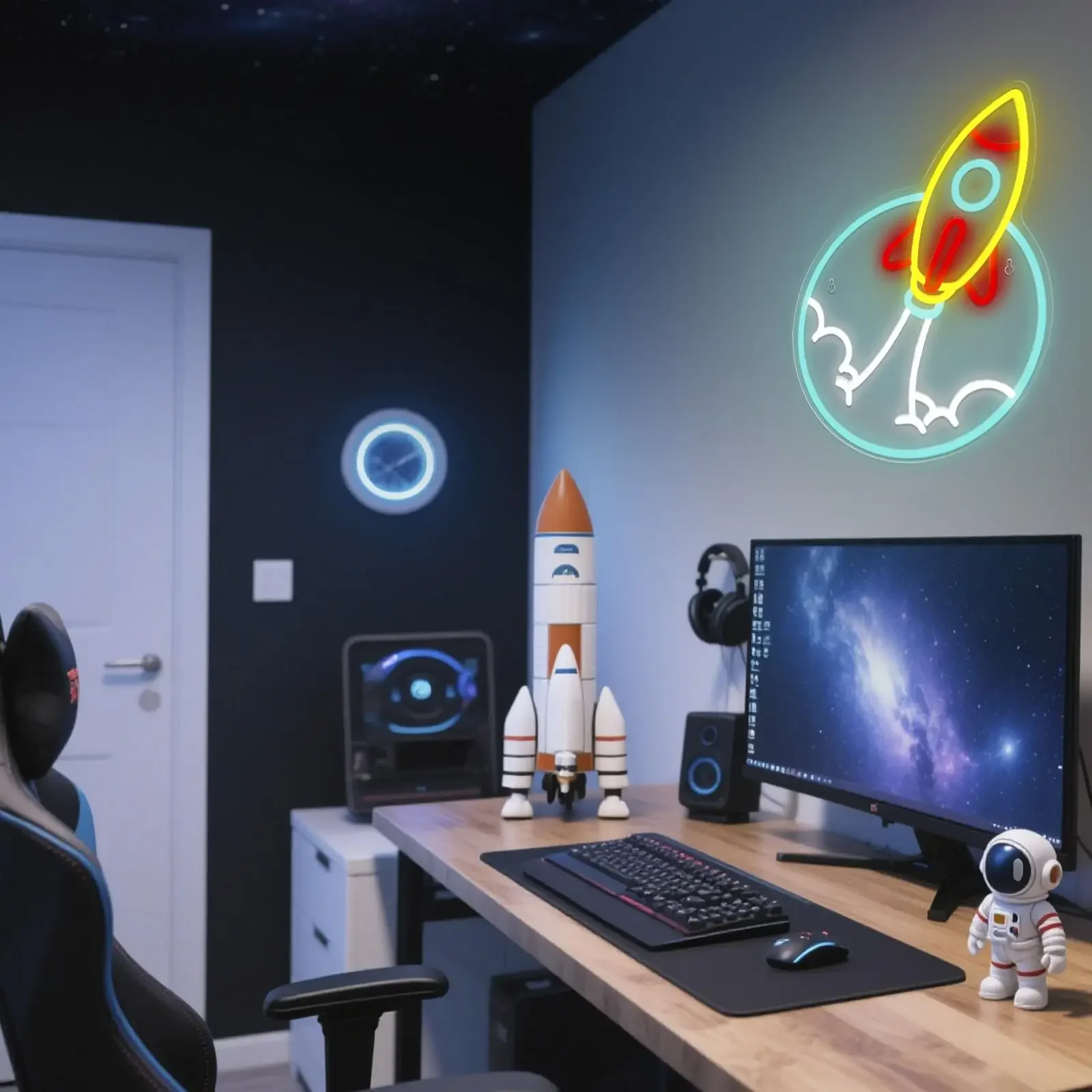 Rocket Neon Sign Space Light for Boys Room, Game, Kids Bedroom, Astronaut Rocket Ship Wall Lamp Gift for Kids and Space Lovers