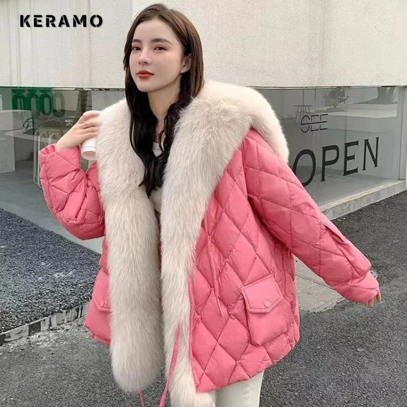 Winter Women Big Luxury Faux Fox Fur Collar Coat 2023 Fluffy Loose Puffer Jacket Feather Female Parka Snow Outwear Windproof