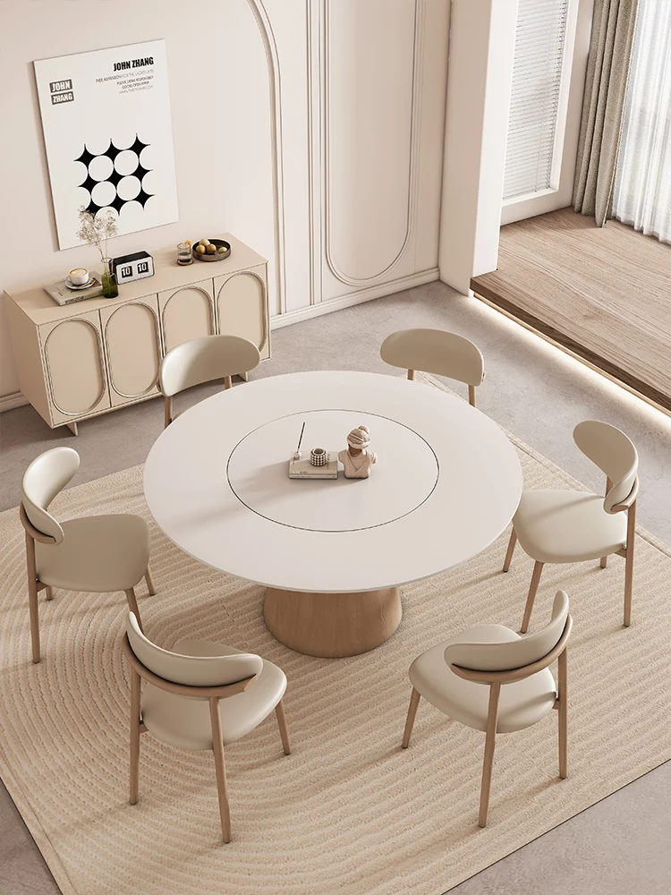 Cream style solid wood rock board round dining table with turntable for household use, Nordic wood color pure white round table