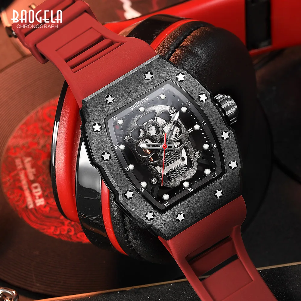 BAOGELA Sport Quartz Watch Men Red Silicone Strap Stainless Steel Case Wristwatch with Luminous Hands Tonneau Skeleton Dial 4141