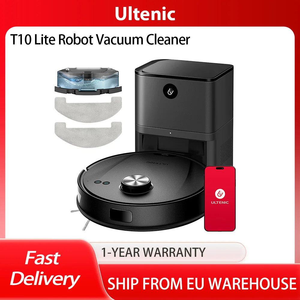 Aspirateur robot Ultenic T10 Lite avec navigation LiDAR, convivial, aspiration 4500 Pa, auto-vide, nettoyage matriciel, tous les sols