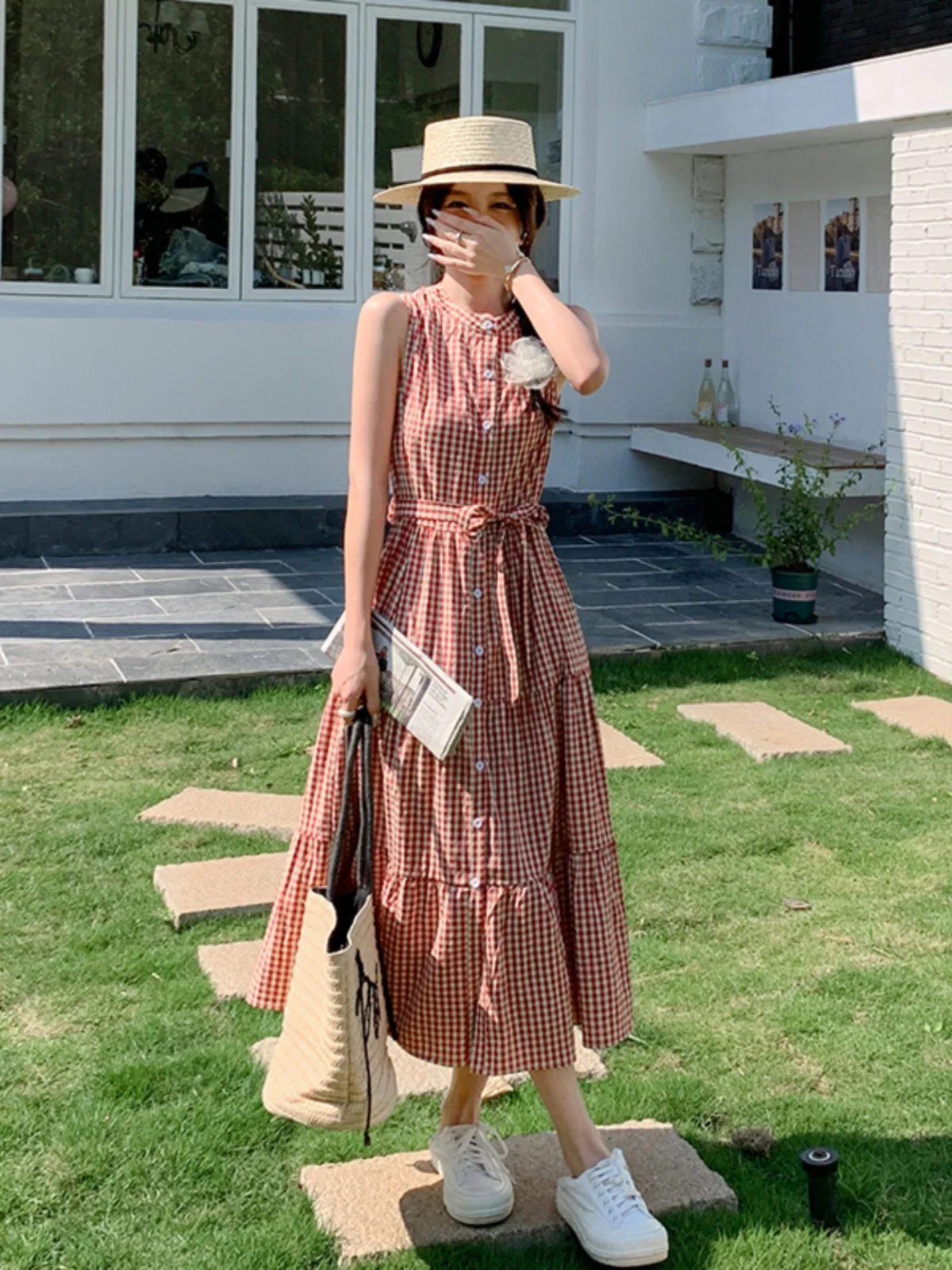 Rote karierte Weste, Damen, langer Sommerrock, neu, schlicht, Retro, tailliert, koreanischer Stil, hohe Taille, A-Linie, langer Rock