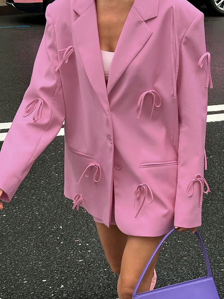 Fantoye Notched Collar Single Breasted Bow Women Blazer Pink Long Sleeve Turn-down Collar Blazer Female Autumn Loose Office Coat