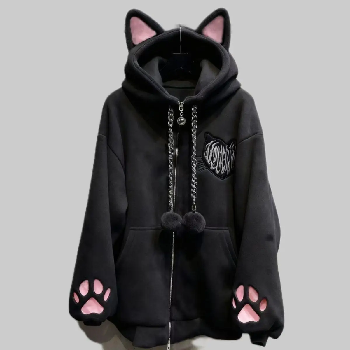 Y2K Gothic Cat Ear Hoodie Zip Front Coat Paw Cutout Sleeve Cuff Heart Embroidery Pom Pom Chain Detail Loose Fleece Outerwear