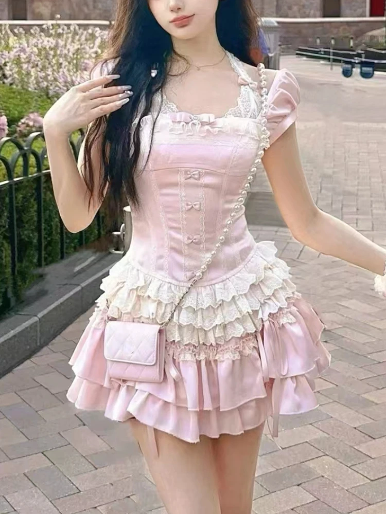 

France Elegant Lace Slim Square Neck Dress Women Summer Sweet Puff Sleeve Solid Patchwork Dresses Kawaii Bow Ruffle Dress New