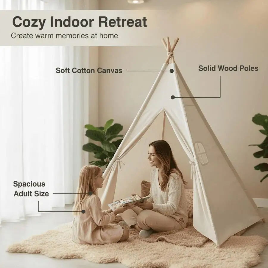 Adult Teepee Tent With Bunting Flags And Carry Bag, Beige Cotton Canvas Reading Nook, Simple Style Play House For Room Decor, Me