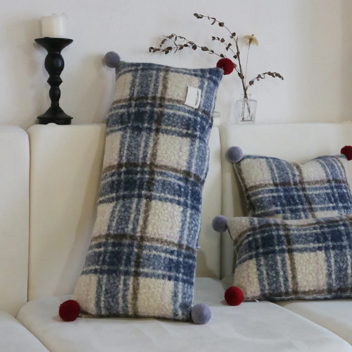 British-Style Blue Checked Long Pillow Cover 30x70cm Pom-Pom Decorative Lumbar Cushion Cover Sofa Decorative Pillowcase