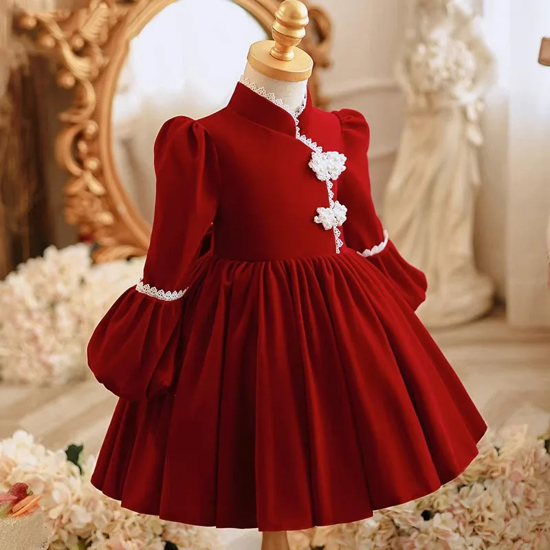 Children's Baptism Princess Gown Wedding Birthday Eid Party Dresses For Baby Little Girls New Fashion Wine Red Flower Girl Dress