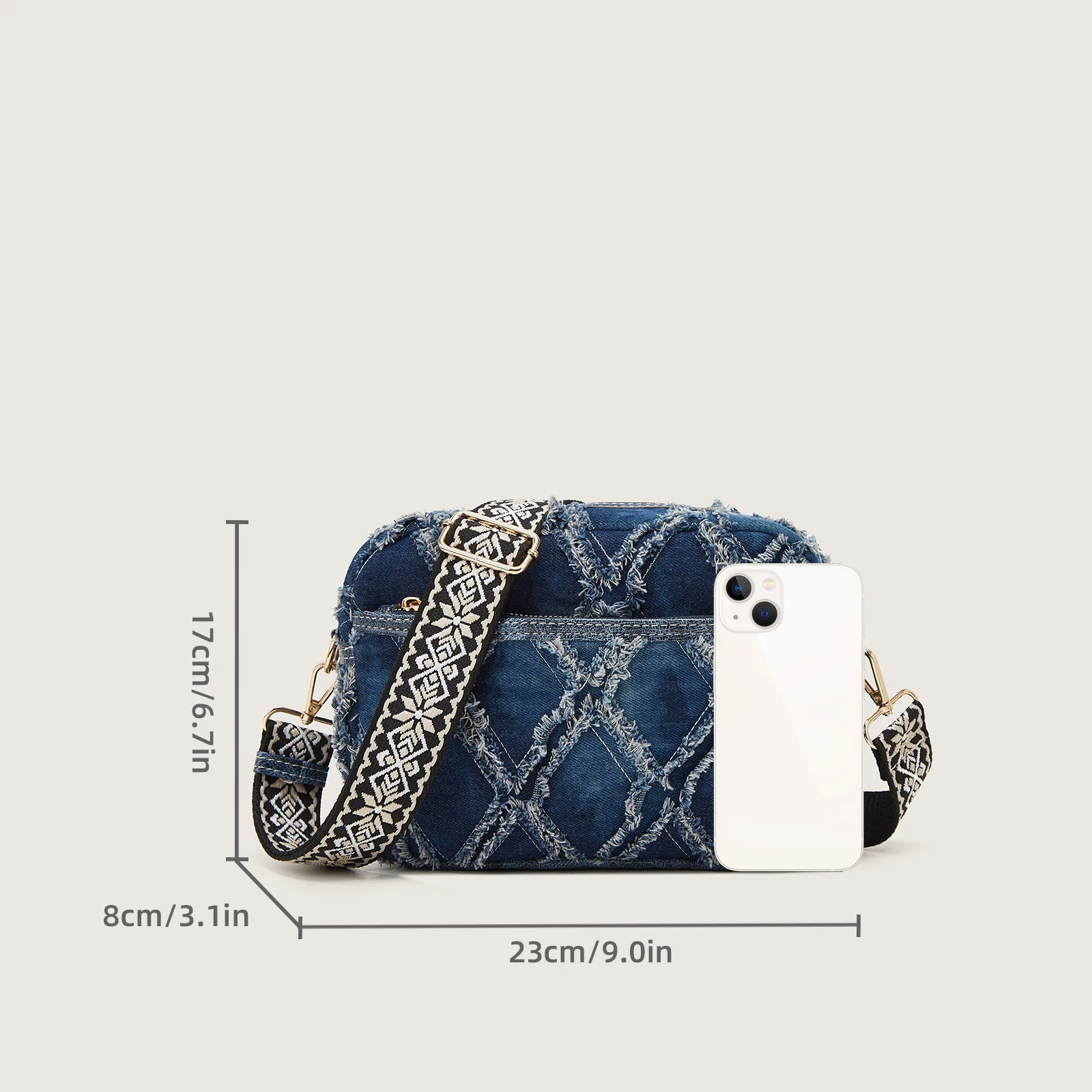 Korean version of Lingge fur edge design denim fabric, fashionable and versatile denim style crossbody bag, cross-border foreign