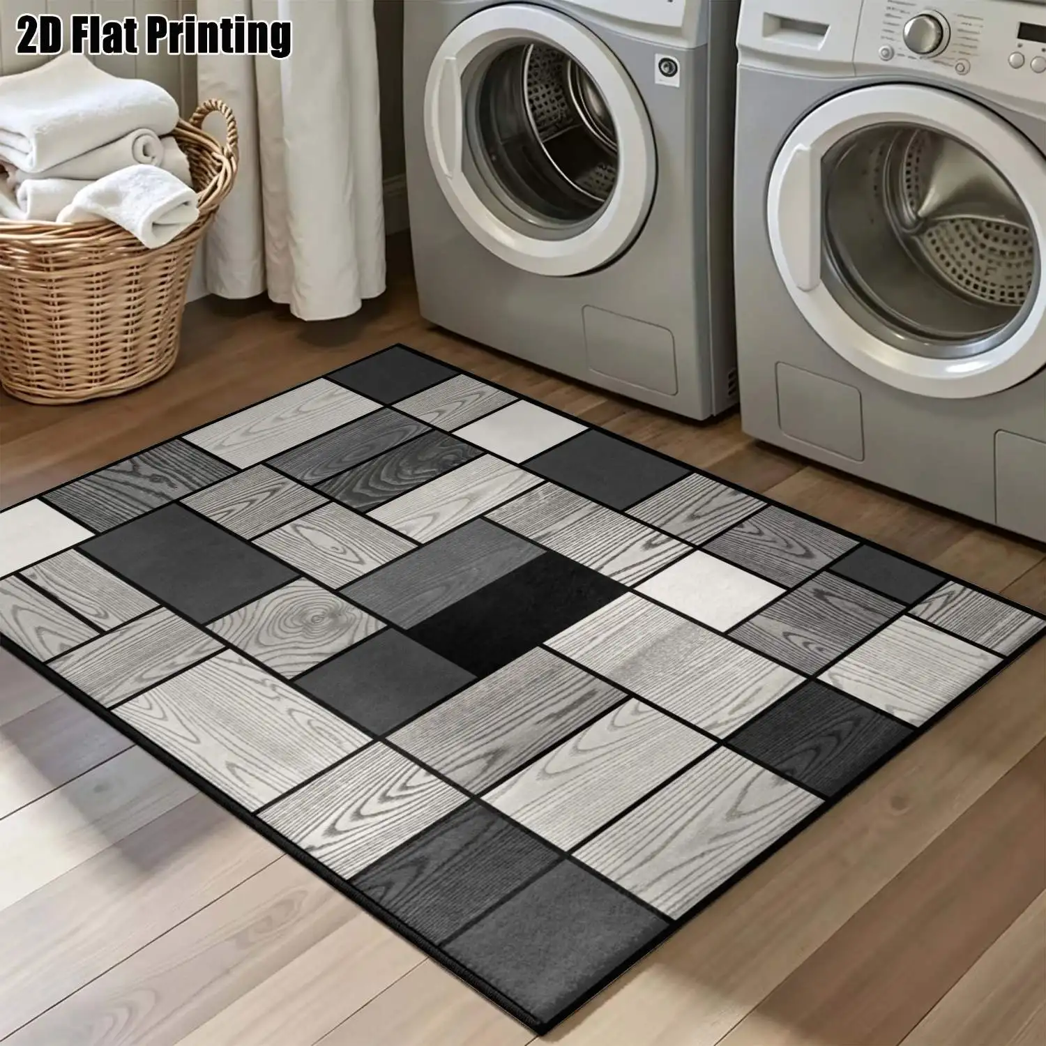 1Pc 2D Printed Carpet: Black, Gray & White Geometric Wood Grain, Modern Simple Style, Multi-Size, Machine Washable, Ideal for Multi-Scene Decor