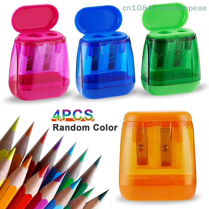 4 قطعة/المجموعة/مجموعة مبراة أقلام رصاص ذات فتحة مزدوجة مع غطاء وحاوية نجارة مجموعة مبراة يدوية محمولة لأقلام الرصاص الملونة #6