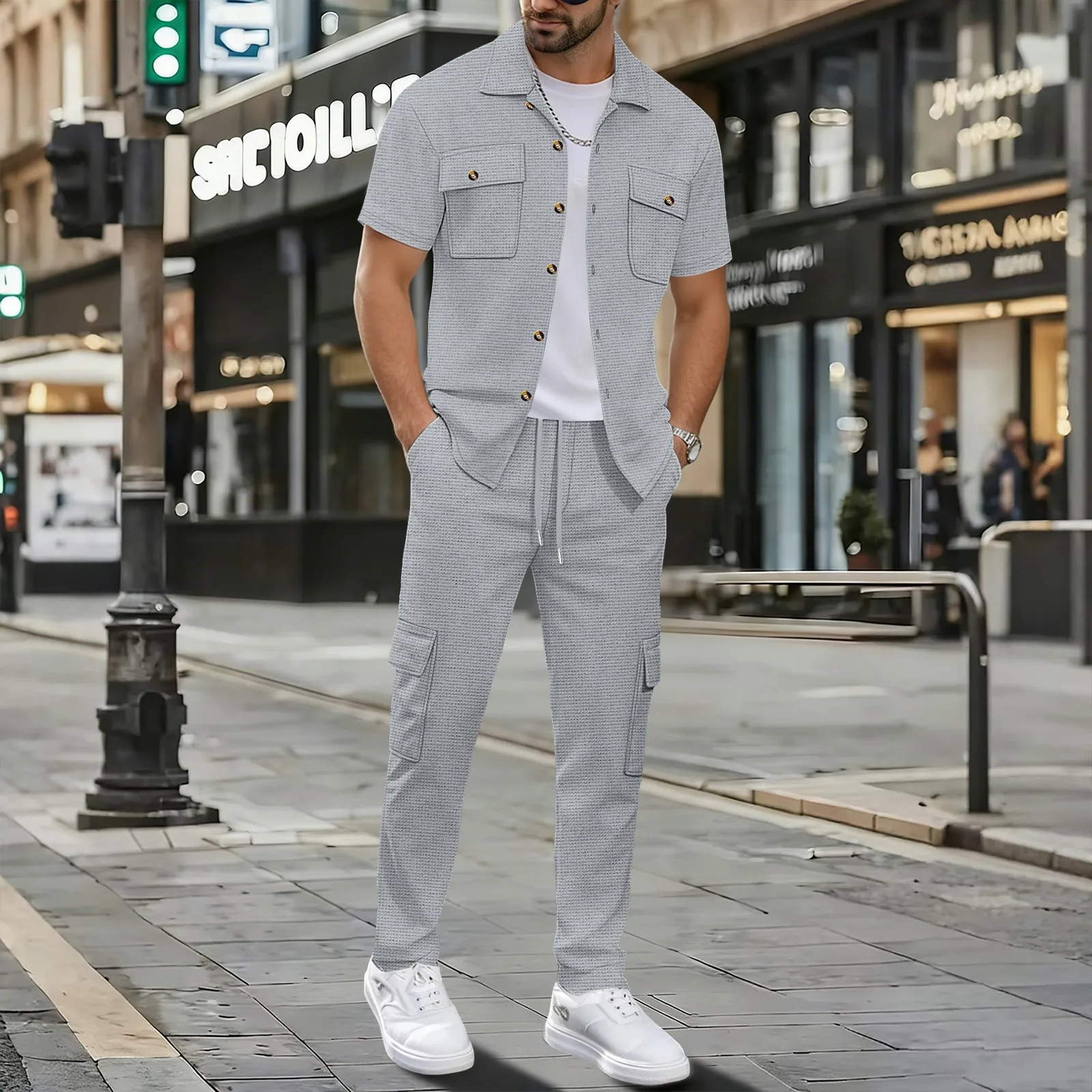 

Streetwear Jacket Waffle Knit Solid Color Notched Lapel Jackets Button Front Casual Jacket Slim Fit Workwear Jacket with Chest