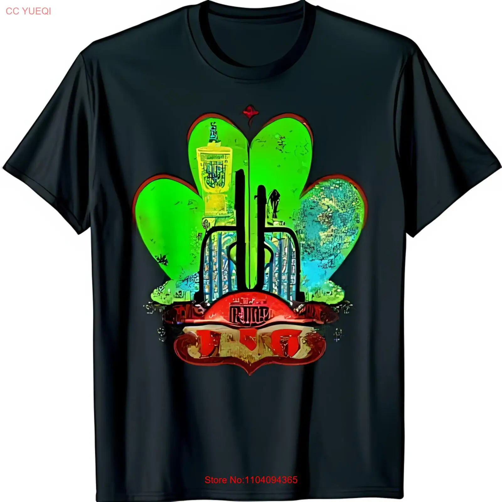 

Stylish Black T-Shirt with Glittery Building Graphic & Red Roof Design