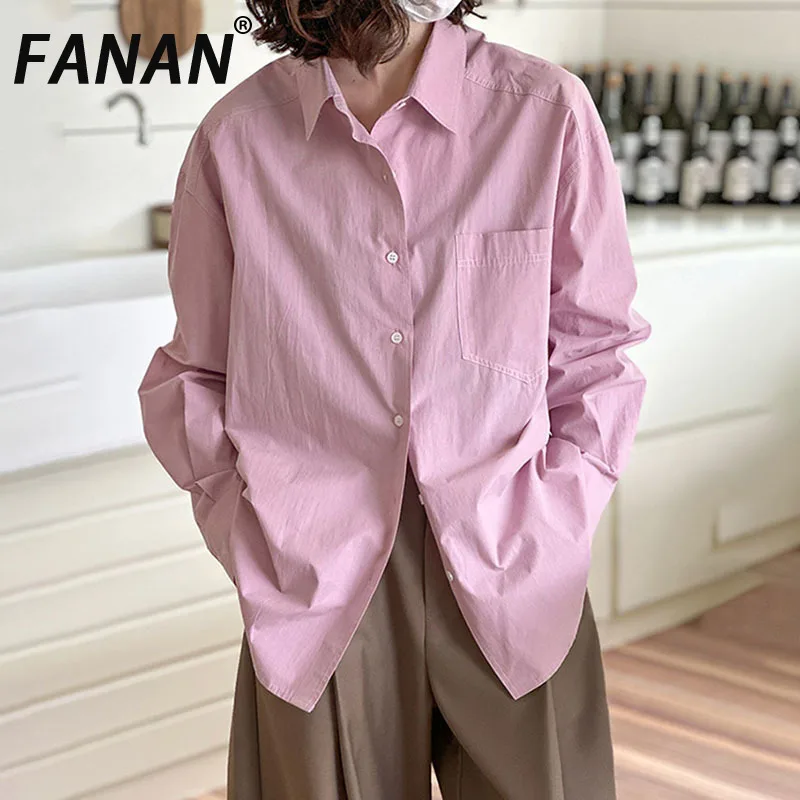 

FANAN Elegant Female Shirts Lapel Single Breasted Long Sleeve Solid Office Lady Blouses Loose Tops Women's Fashion 2025 Spring