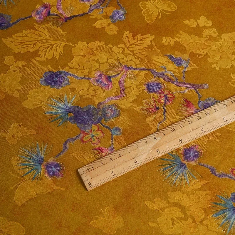 Tuo Yellow Colorful Plum Blossom Fragrant Cloud Yarn Flower Rose Fabric Chinese Style Qipao Exquisite Jacquard Breathable Fabric