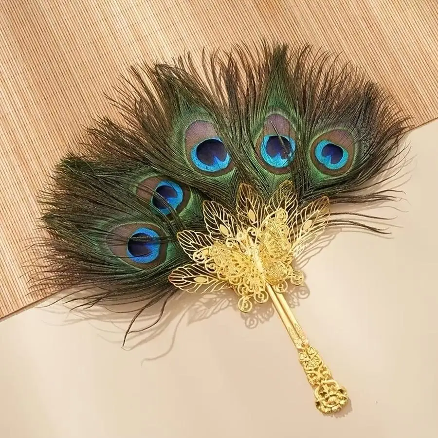 1/5/10/20/50/100pcs Elegant Handheld Peacock Feather Fan, Golden Tone, for Weddings and Formal Events, No Power Required, Peacoc
