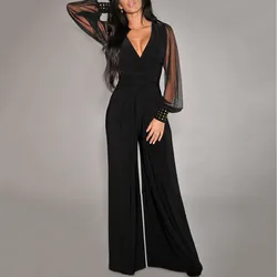 Temperament Elegante Kleur Blok Jumpsuits Vrouwen Diepe V-Hals Halve Mouwen Hoge Taille Wijde Benen Jumpsuit Dames Woon-Werkverkeer Kleding