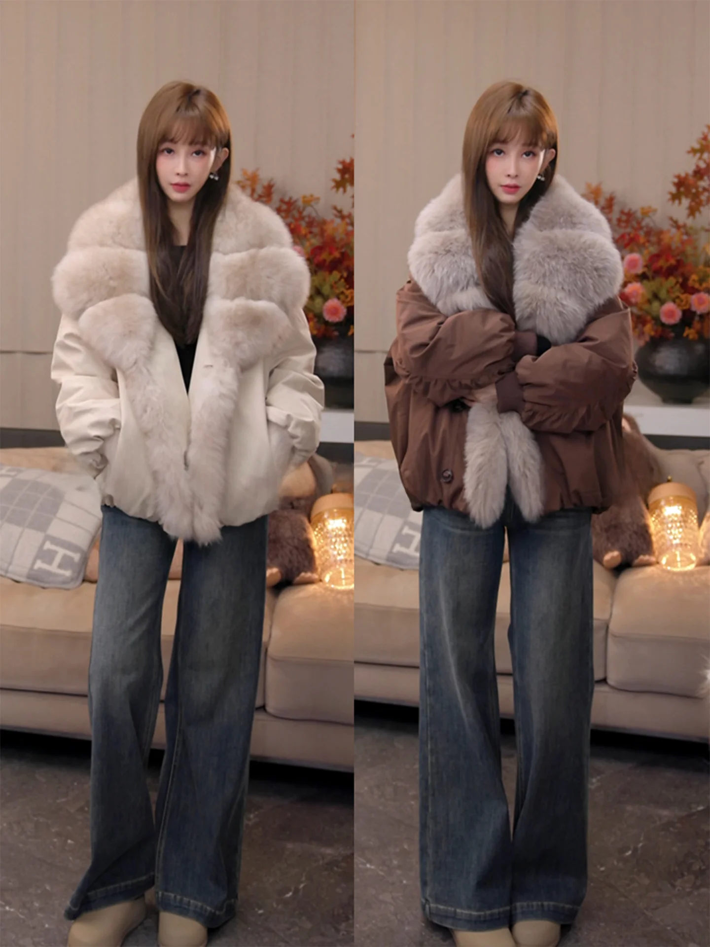 

Sagurs Premium Fur Collar Parka Goose down Coat High-End Feelings Deer Deer Women's Faion Winter Coat G035