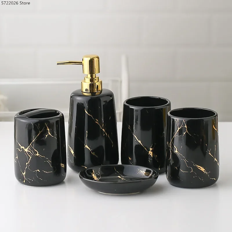 Ceramiczne przybory toaletowe zestaw łazienkowy marmurowy kubek porcelanowy uchwyt na szczoteczki do zębów/dozownik do mydła/taca dekoracja łazienki akcesoria — zdjęcie 4