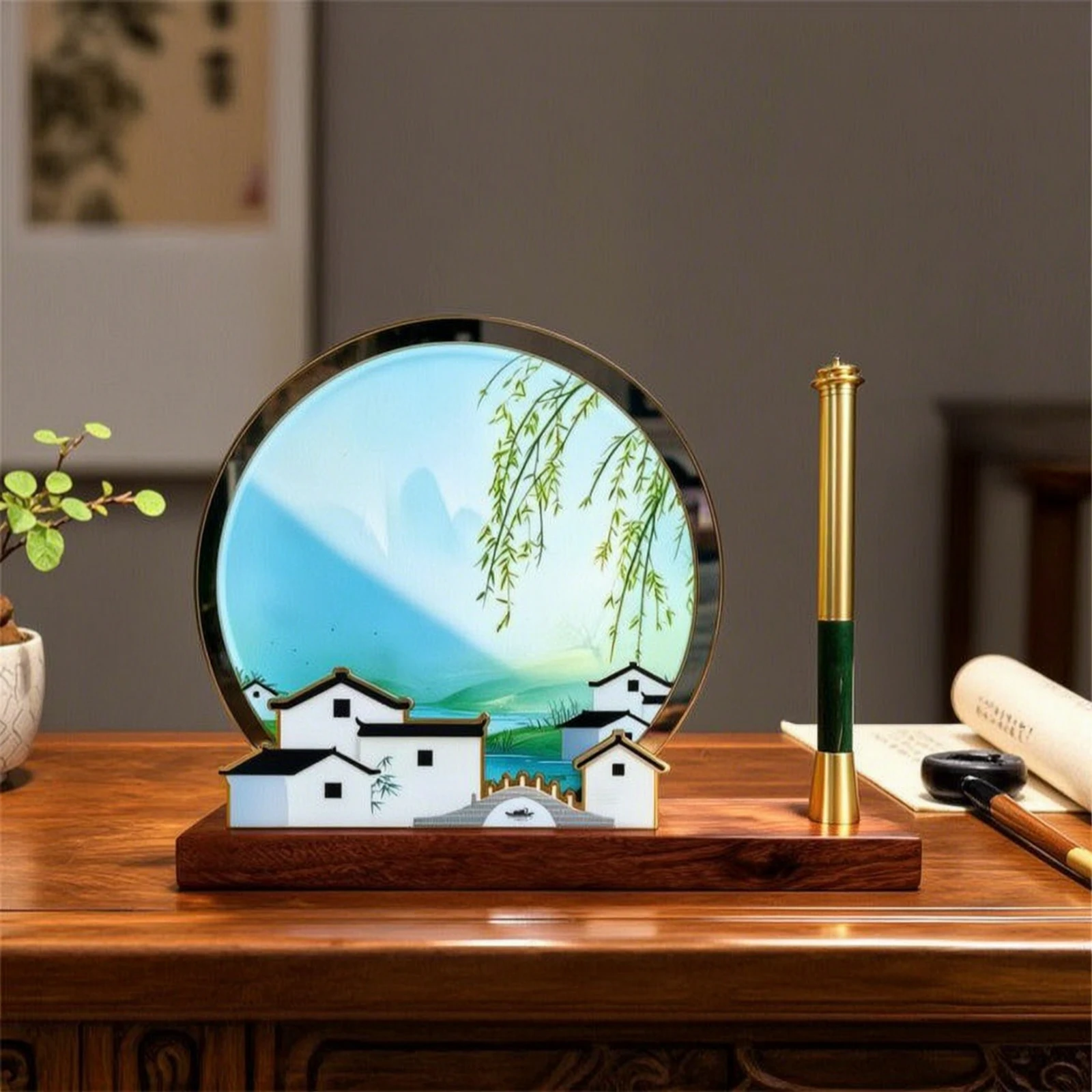 Pen Stand with Wooden Base Traditional Chinese Decorative Pen Holder Makeup Brush Holder Elegant Paintbrush Cup Classic