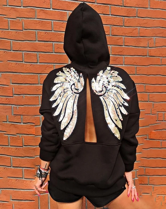 Women's Casual Sequin Wings Pattern Back Slit Hooded Sweatshirt & Shorts Set Autumn Daily Fashion Women Outfits Two Piece Sets