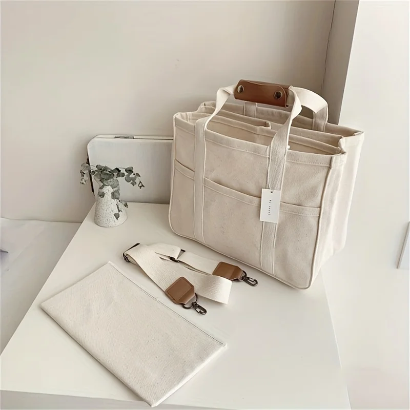 

Multi Pockets Canvas Tote Bag, Large Capacity Crossbody Bag, Portable Mommy Diaper Bag For Going Out