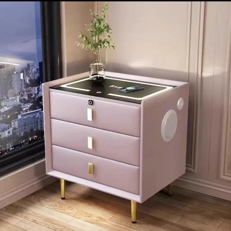 منضدة خشبية صلبة فاخرة بثلاثة أدراج طاولة سرير ذكية مدمجة لغرفة النوم مصنوعة من الجلد وشحن لاسلكي متكامل #3