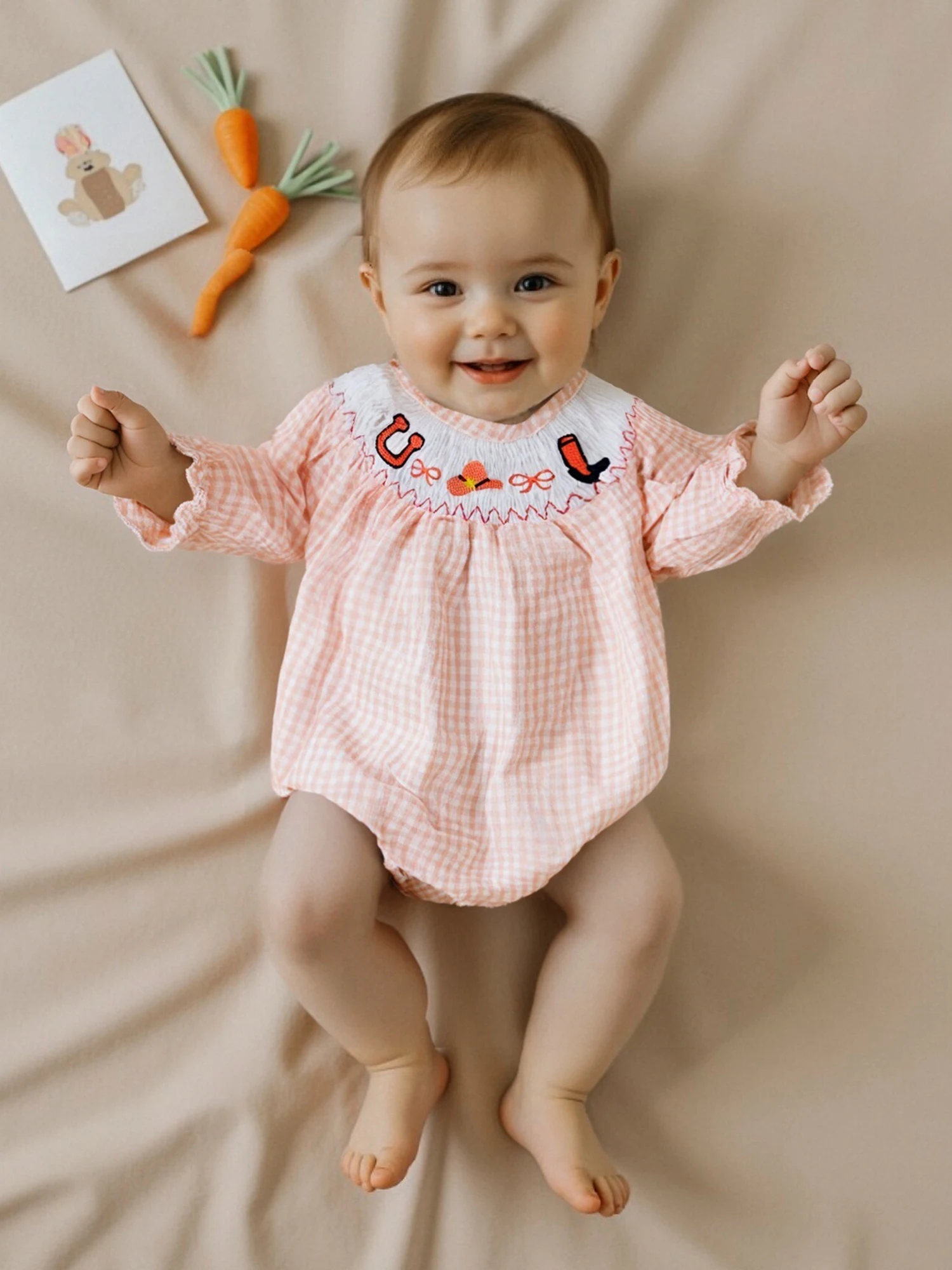 

Newborn Infant Toddler Clothes Baby Girls Casual Romper Western Embroidery Plaid Long Sleeve Spring Fall Jumpsuits