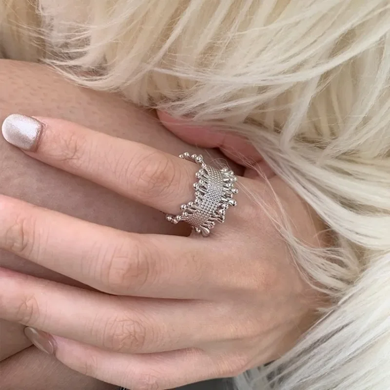

925 Sterling Silver Geometric Irregular Niche Woven Mesh Adjustable Opening Ring for Women Fine Jewelry Minimalist Accessories