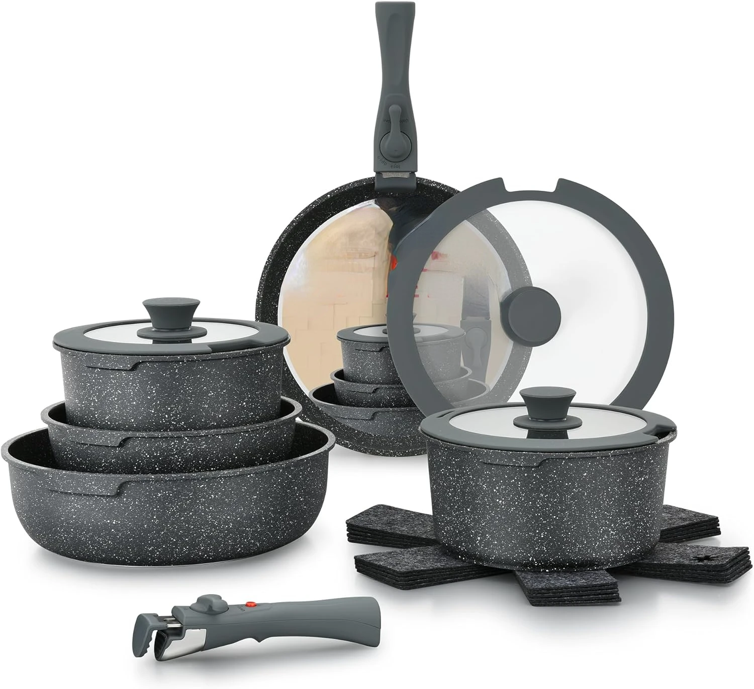 

Bakken-Swiss Detachable 15-Piece Cookware Set \u2013 Granite Non-Stick \u2013 Eco-Friendly \u2013 stackable Removable Handles \u