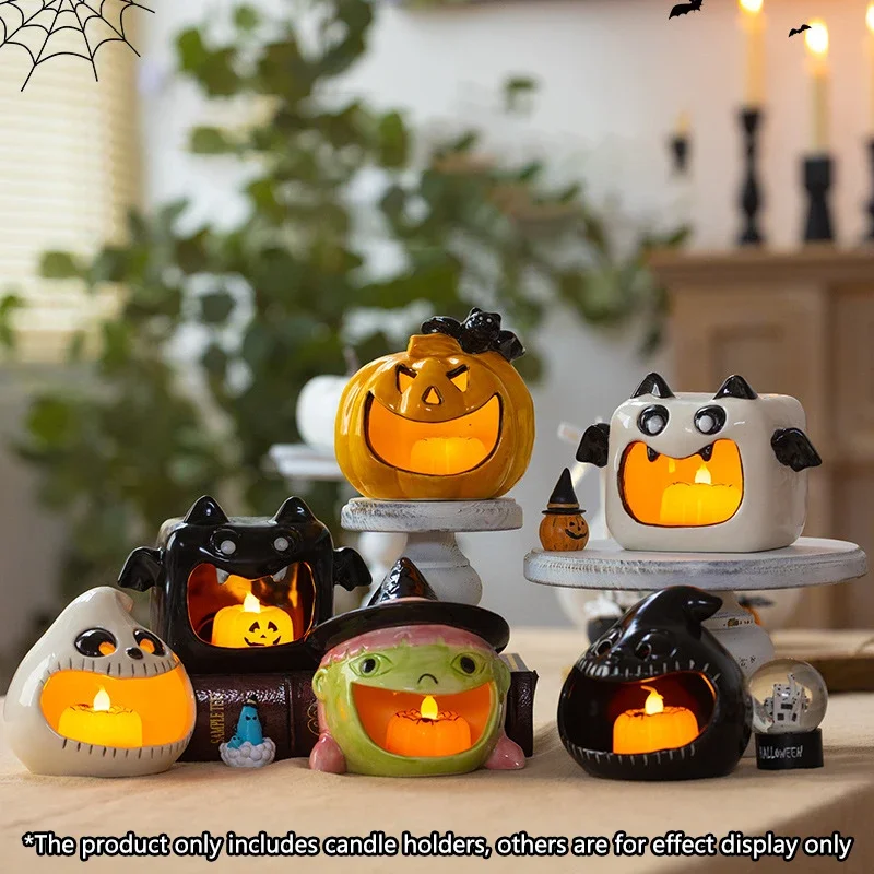 Ceramic Ghost Candle Holder Pumpkin Bat Candlestick Candy Storage Desktop Scented Candle Ornament Heat Resistant Home Decor Gift