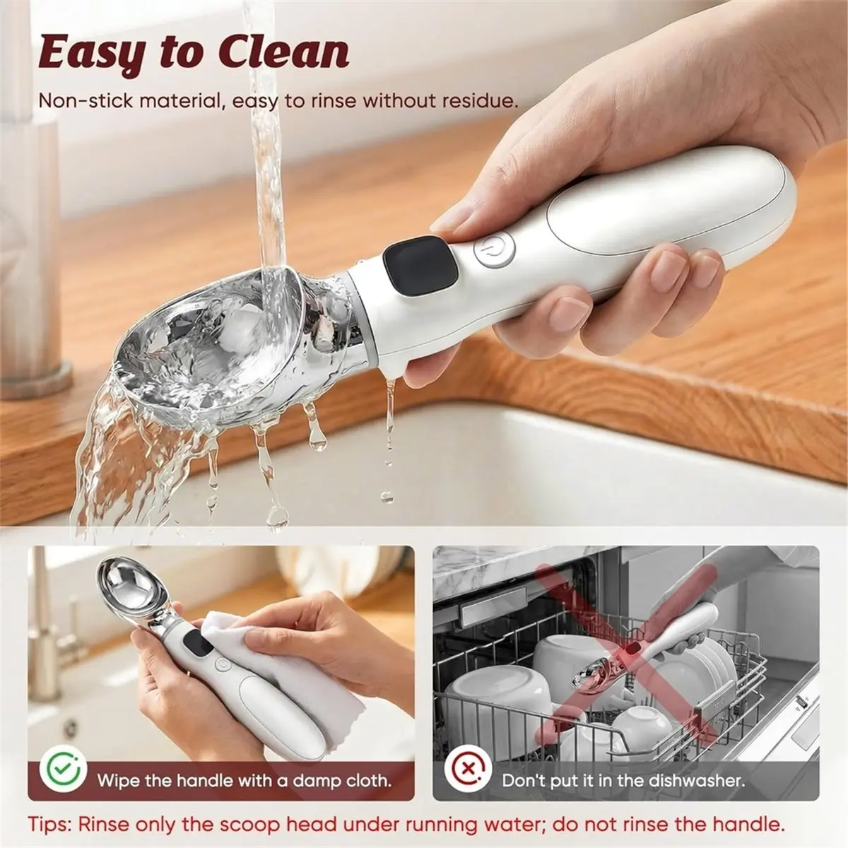 PHONE&GEAR Heated Ice Cream Scoop, Rechargeable Electric Ice Cream Scoop with LED Display, 3 Heat Levels 122°F/140°F/158°F
