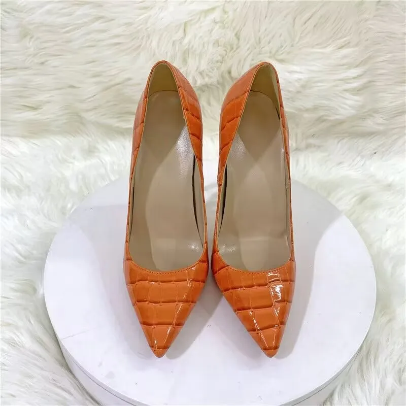 2022 New Orange Snakeskin Pattern Celebrity High-heeled Shoes 12CM Pointed Thin Heel Shallow Mouth Single Shoes Banquet Shoes Wo