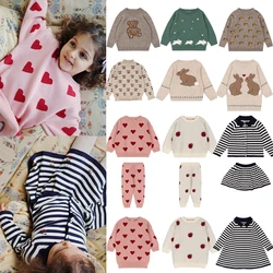 2024 KS Autumn Kids Knitted Heart Sweaters Pants Girl Knit Cute Dress Boy Sweater Pullover Baby Sweatshirt Trousers Clothes Set