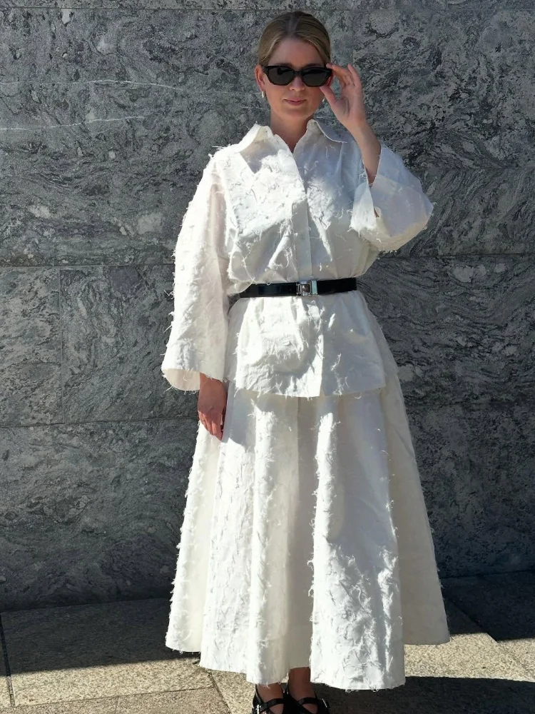 

Ladies Elegant White Skirt Set Lapel Collar Long Sleeves Feminine Midi Waist A-line Style Longuette Commuting Street Leisurewear