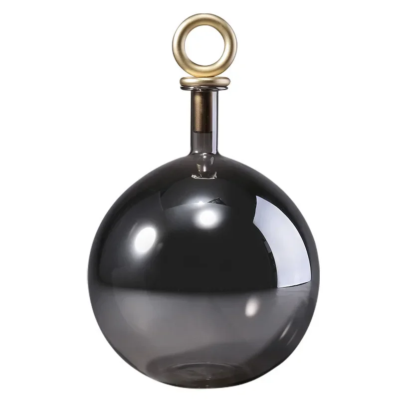 

European creative ball small mouth big belly transparent glass vase, metal copper cover design hydroponic flower arrangement