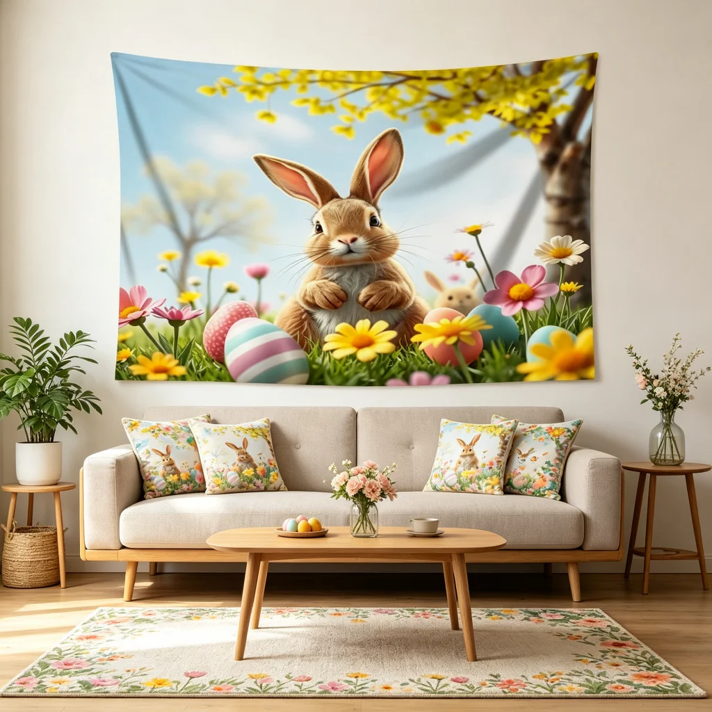 1PC Easter Bunny Spring Flower Garden Print Backdrop Banner, Bedroom Living Room Photo Background, Polyester, Home Decor, Wall A