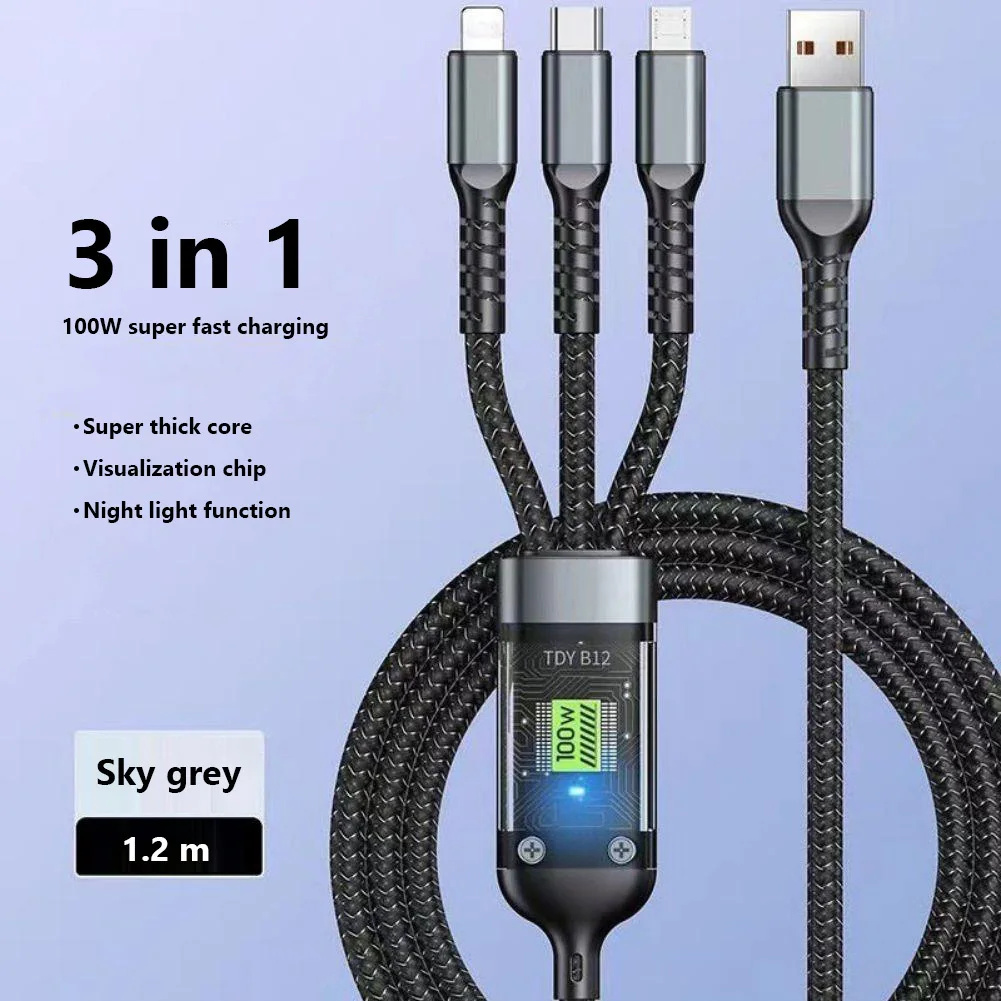 3 In 1 USB Charge Cable Micro Usb Type C 66w Spliter Cord Fast Charging Multiple Data Cable With Clear Screen