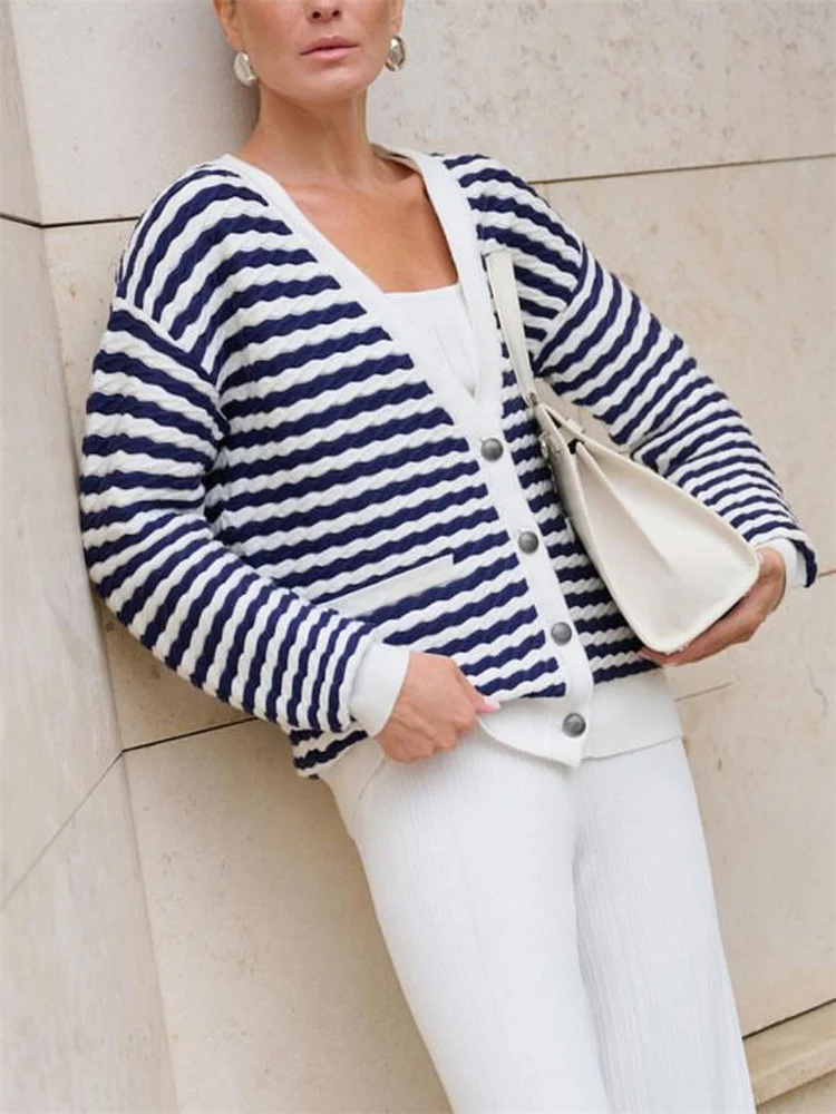 

Tossy Striped Knit Sweater Cardigan jacket For Women V-Neck Patchwork Long Sleeve Cropped Outwear Top Female Knitwear Cardigan