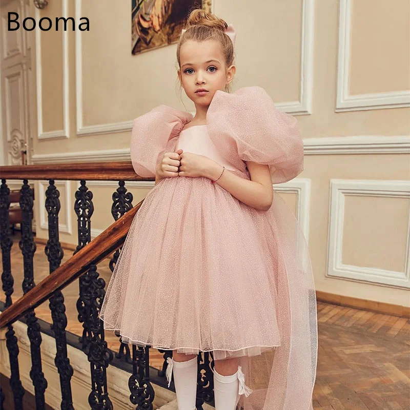 Booma Flowers Girl Dresses Tulle Short Sleeve Wedding Party Dress for Kids Girls Prom Gowns Customized