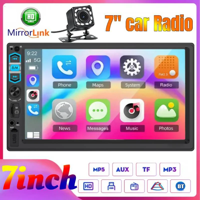7 inch HD Double Din Car Stereo Radio MP5 Player | Supports Mirror Link, Wireless, Touch Screen, USB/TF Card, FM Radio, AUX