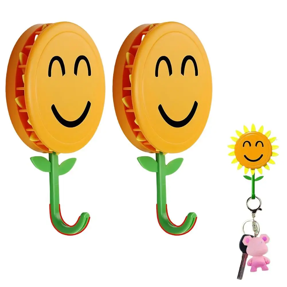 Sunflower Retractable Blooming Hook Self-Adhesive No-Drill Smiley Face J-Hook  Sunflower Fun Wall Hooks Key Pendant Storages