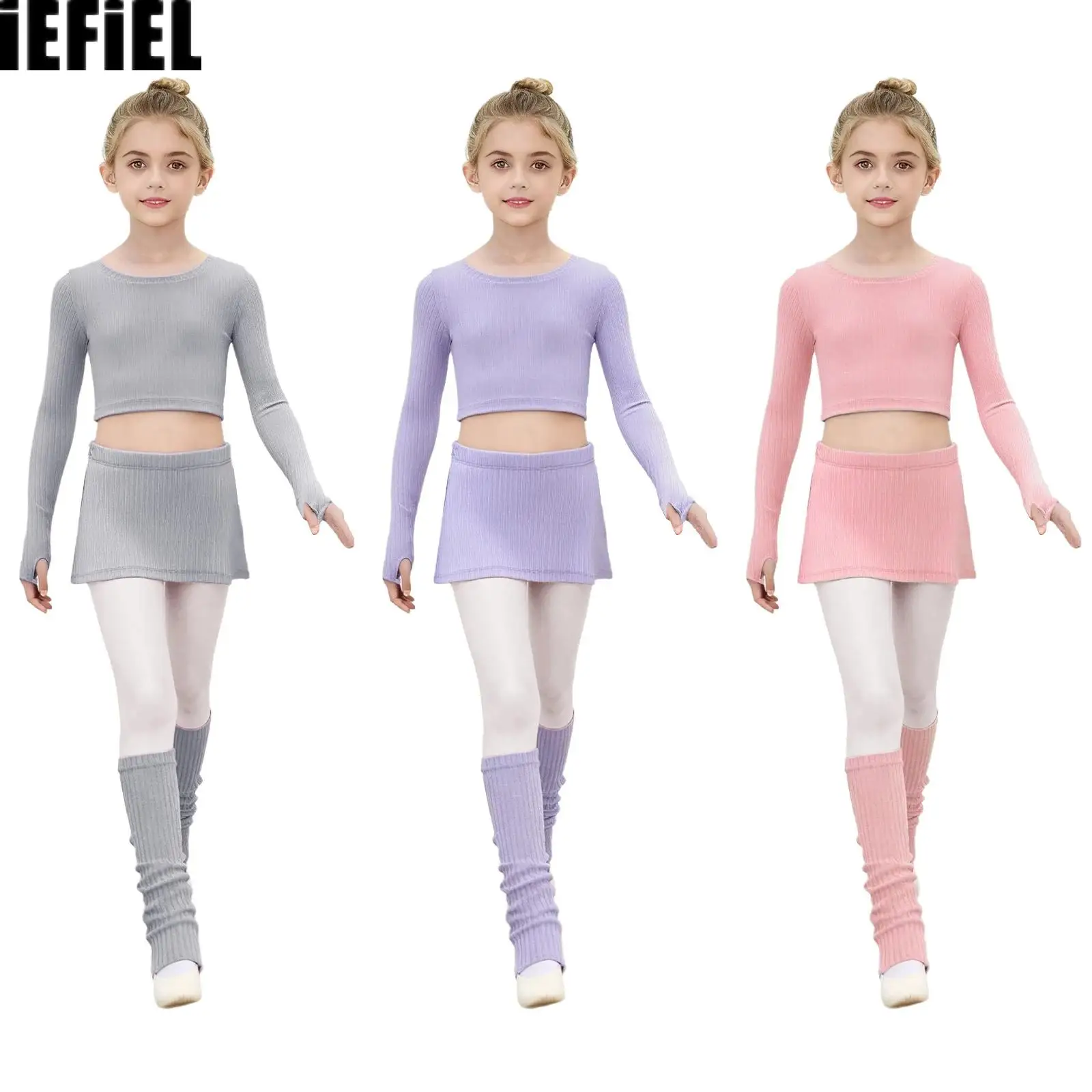 

Kids Girls Ballet Training Ribbed Dance Outfit Long Sleeves Crop Top with Side Slit Skirt And Leg Warmers for Practice Costume