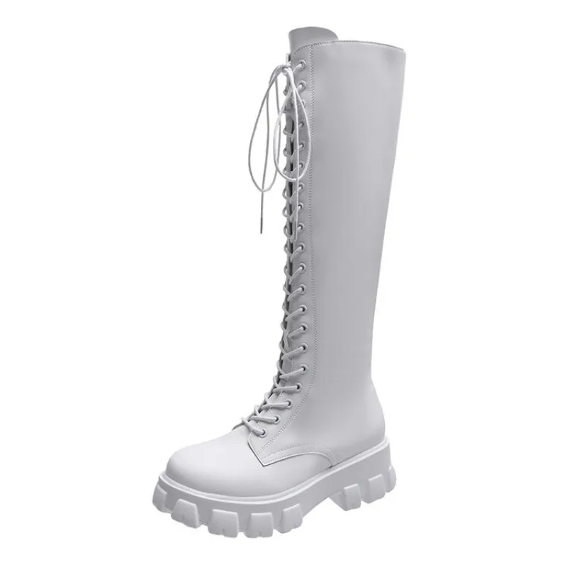 Women Knee High Boots Lace Up Combat Booties Platform Lug Sole Round Toe Side Zipper Tall Winter Streetwear Footwear Black White view 4