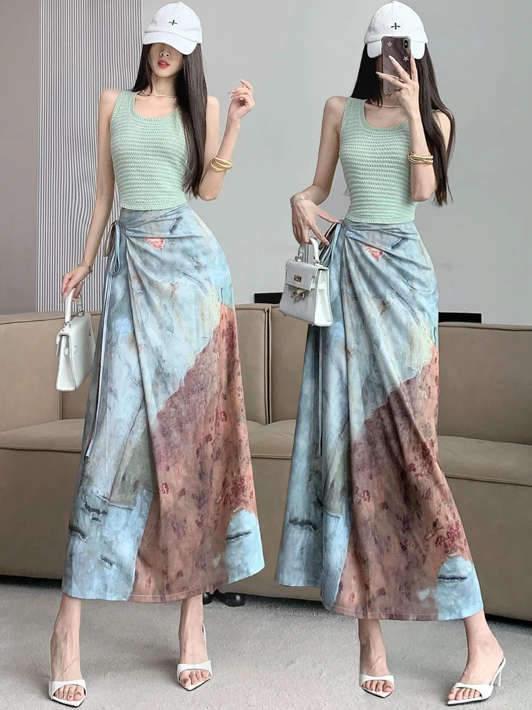 

Women Vintage Print Y2k Skirt 2024 Summer E-Girl High Waist Lace Up A-Line Skirts Fashion Gothic Tie Dye Thin Mid-Length Mujer