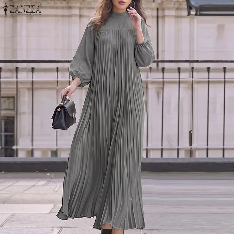 Damenkleid ZANZEA Plissiertes Maxikleid Herbst Vintage 3/4 Laternenärmel Stehkragen Büro OL Arbeit Lässig Vestidos Streetwear